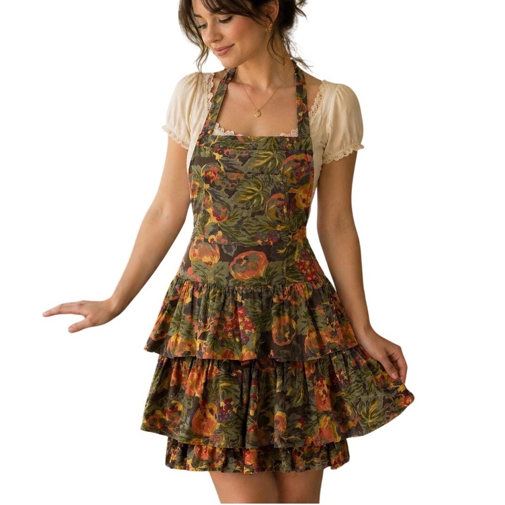Vintage April Cornell Floral Ruffle Tiered Apron Dress Cotton Brown Green